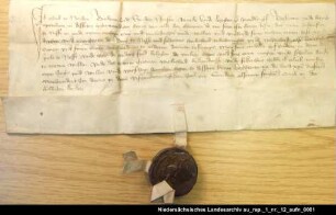 Der Häuptling Ulrich Cirksena bezeugt die Übertragung der Burg Nesse durch Onno Helmesten an ihn = OUB I, Nr. 567, S. 497 Anhängende Siegel beschädigt erhalten