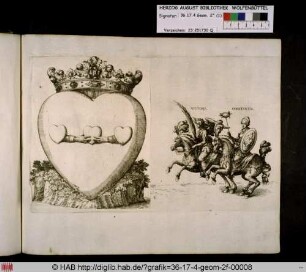 Ein bekröntes Herz mit Darstellung zweier Hände und Victoria und Constantia auf Pferden.