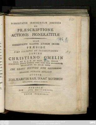 Dissertatio Inauguralis Juridica De Praescriptione Actionis Pigneratitiae