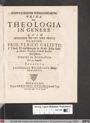 Disputationum Theologicarum Prima De Theologia In Genere