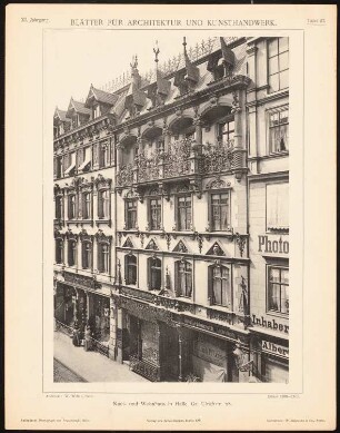 Kauf- und Wohnhaus, Halle/Saale: Ansicht (aus: Blätter für Architektur und Kunsthandwerk, 11. Jg., 1898, Tafel 27)