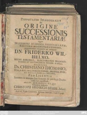 Disputatio Inauguralis De Origine Successionis Testamentariæ