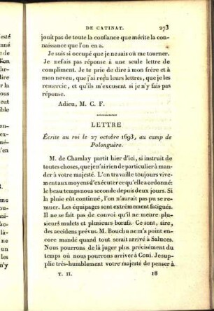 Lettre Écrite au roi le 27 octobre 1693, au camp de Polonguère.
