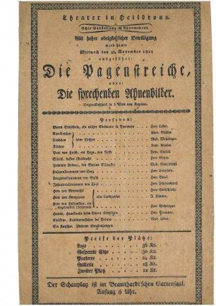 Theaterzettel des "Theater in Heilbronn" für das Stück "Die Pagenstreiche, oder Die sprechenden Ahnenbilder" von August Kotzebue