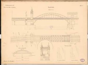 Nord-Süd-Bahn durch Berlin Schinkelwettbewerb 1897: Spreebrücke. Ansichten, Grundriss 1:400, 1:200, Kräftepläne