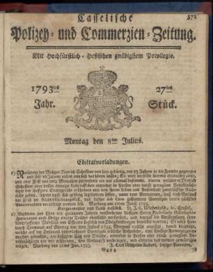 27tes Stueck, Montag den 8ten Julius 1793
