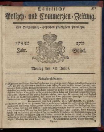 27tes Stueck, Montag den 8ten Julius 1793