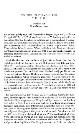 Dr. phil. Erich von Lehe : *1894 +1983 ; Nachruf