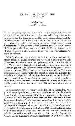 Dr. phil. Erich von Lehe : *1894 +1983 ; Nachruf