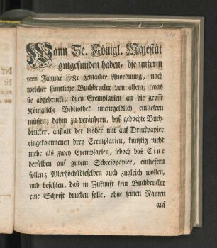 [Nähere Verfügung wegen der von sämtlichen Buchdruckern an die grosse Königliche Bibliothek zu Kopenhagen einzusendenden Exemplarien ...]