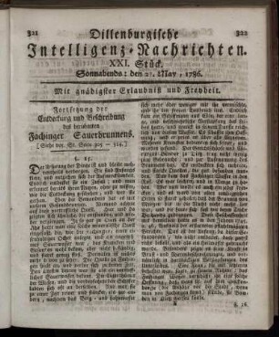 XXI. Stück. Sonnabends: den 27. May, 1786.