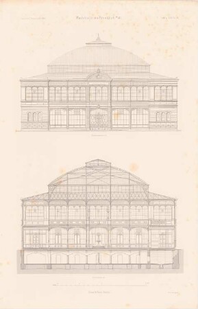 Markthalle, Frankfurt/Main: Seitenansicht, Querschnitt (aus: Atlas zur Zeitschrift für Bauwesen, hrsg. v. G. Erbkam, Jg. 30, 1880)