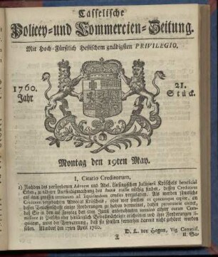 21. Stueck, Montag den 19ten May 1760