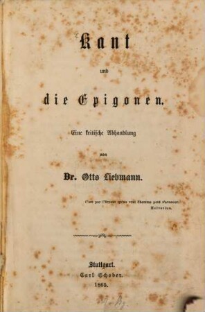 Kant und die Epigonen : eine kritische Abhandlung