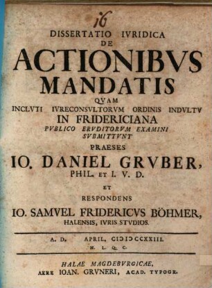 Dissertatio Ivridica De Actionibvs Mandatis