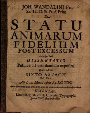 Diss. ... de statu animarum fidelium post excessum e corporibus