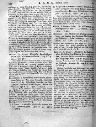 [Sammelrezension:] 1) Cölln, b. Haas u. Sohn: Das Grillenthal, ein Naturgemälde von C. G. Cramer. in 12. 1801. --- 2) Ebendas: Das Museum zu Paris oder Sammlung von Copien der dortigen Meisterwerke der Malerey. Erste Lieferung. Mit 7 Kupfern. 12. 1801.
