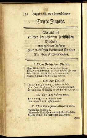 Dritte Zugabe. Verzeichniß etlicher brauchbaren juristischen Bücher ...