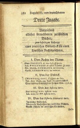 Dritte Zugabe. Verzeichniß etlicher brauchbaren juristischen Bücher ...