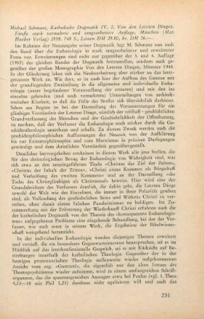 231-232 [Rezension] Schmaus, Michael, Katholische Dogmatik