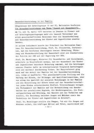 Gesundheitserziehung in der Familie : Ergebnisse der Arbeitsgruppe 10 der VI. Nationalen Konferenz für Gesundheitserziehung zum Thema "Jugend und Gesundheit"