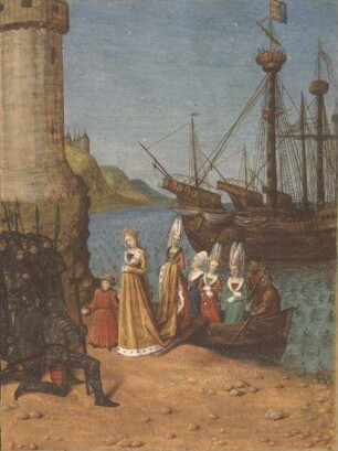 Grandes Chroniques de France — Isabella von Frankreich, die Frau Eduards II., kehrt nach England zurück, Folio 338 verso