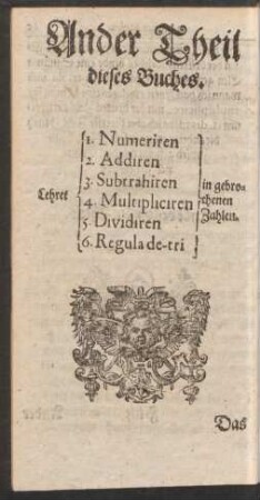 Ander Theil Dieses Buches. Lehret 1. Numeriren 2. Addiren 3. Subtrahiren 4. Multipliciren 5. Dividiren 6. Regula de-tri in gebrochenen Zahlen.