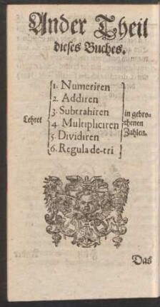 Ander Theil Dieses Buches. Lehret 1. Numeriren 2. Addiren 3. Subtrahiren 4. Multipliciren 5. Dividiren 6. Regula de-tri in gebrochenen Zahlen.