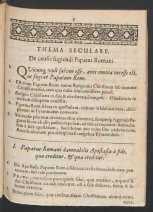 Thema Seculare. De causis fugiendi Papatus Romani.