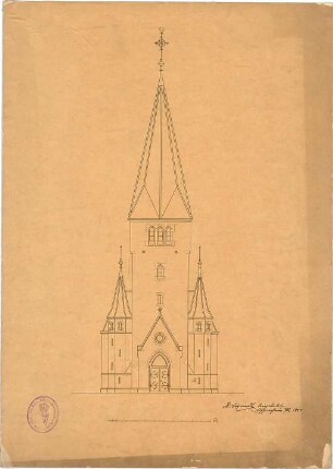Schmidt, Heinrich von; Oberhilbersheim; Neue Ev. Kirche - Eingangsseite (Aufriss)