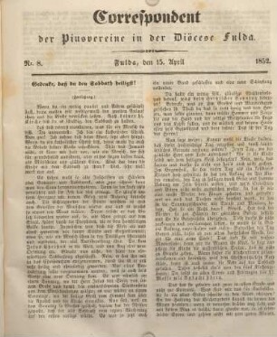 Nr. 8. Fulda, den 15. April 1852.