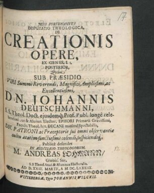 Disputatio Theologica, De Creationis Opere, Ex Genes. I. 1. Posterior