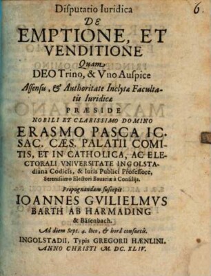 Disputatio Iuridica De Emptione, Et Venditione