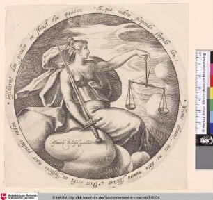 [Justitia mit Schwert und Waage auf einer Wolke sitzend]