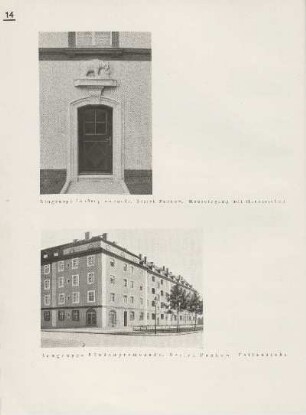 Baugruppe Lindenpromenade, Bezirk Pankow. Hauseingang mit Hausezeichen ; Teilansicht