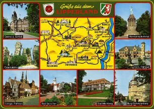 Postkarte: Gruß aus dem Lipperland. Detmold, Schloß; Externsteine; Lemgo, Rathaus; Bad Salzuflen, Bad Meinberg, Burg Schwalenberg; horn, rathaus; Hermannsdenkmal