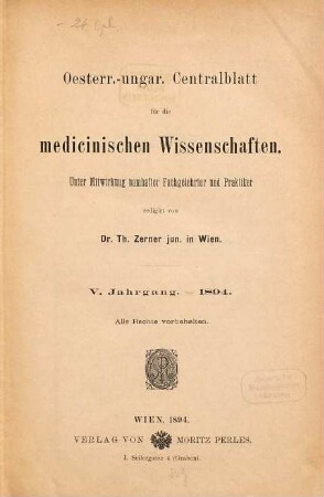 Oesterr.-ungar. Centralblatt für die medicinischen Wissenschaften. 5. 1894