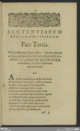Sententiarum Ethico-Politicarum Pars Tertia