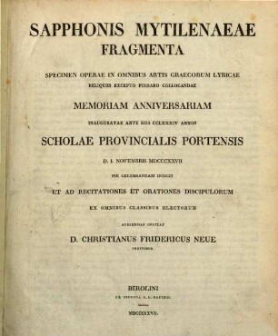 Sapphonis Mytilenaeae fragmenta : specimen operae in omnibus artis Graecorum lyricae reliquiis excepto Pindaro collocandae