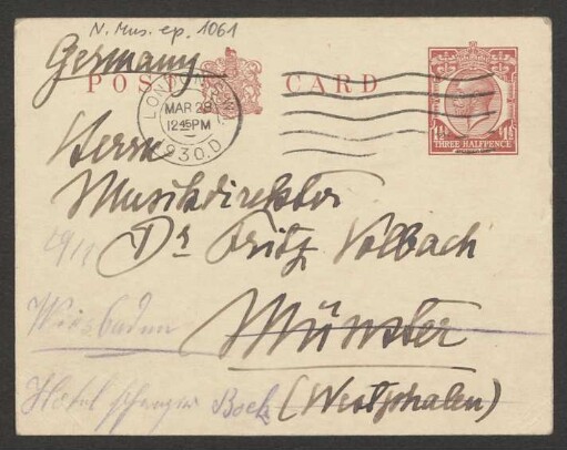 Postkarte an Fritz Volbach : 28.03.1930