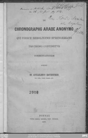 De chronographo arabe anonymo qui codice Berolinensi Sprengeriano tricesimo continetur commentationem