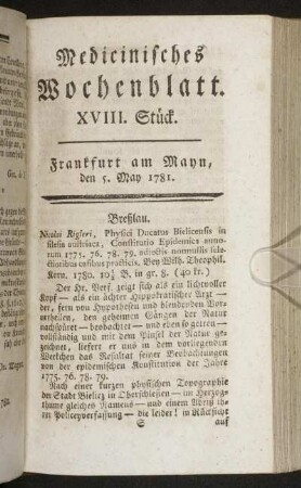 XVIII. Stück. Frankfurt am Mayn, den 5. May 1781. - XXI. Stück. Frankfurt am Mayn, den 26. May 1781.