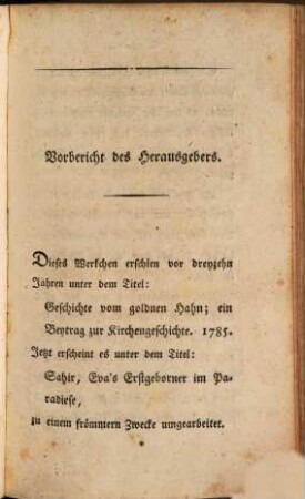 Sahir, Eva's Erstgeborner im Paradiese : Ein Beytrag zur Geschichte der Europäischen Kultur und Humanität