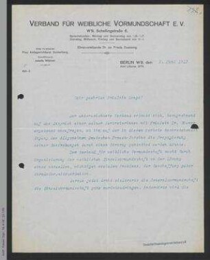 Brief des Verbands für Weibliche Vormundschaft an Helene Lange