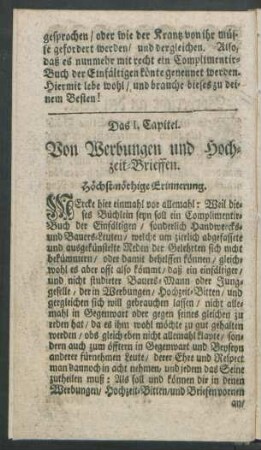 Das I. Capitel. Von Werbungen und Hochzeit-Brieffen.