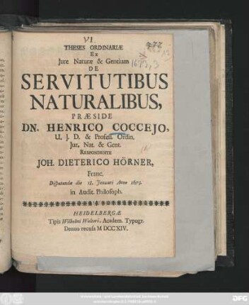 Theses Ordinariæ Ex Jure Naturæ & Gentium De Servitutibus Naturalibus