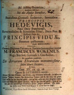 Programma quo ad actum orat. ... invitat, et quaedam praefatur de servorum Ebraeorum manumissione, finito laboris sexennio