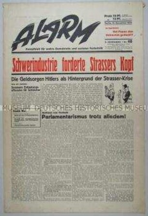 Republikanische Wochenzeitung "Alarm" u.a. zur Finanzkrise der NSDAP