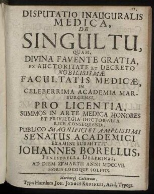 Disputatio Inauguralis Medica, De Singultu