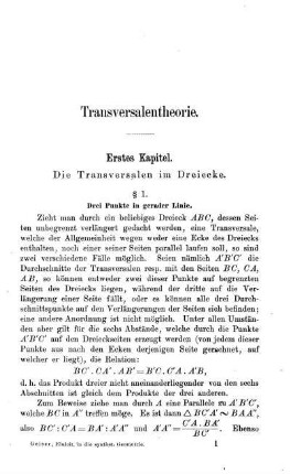 Erstes Kapitel. Die Transversalen im Dreieck.